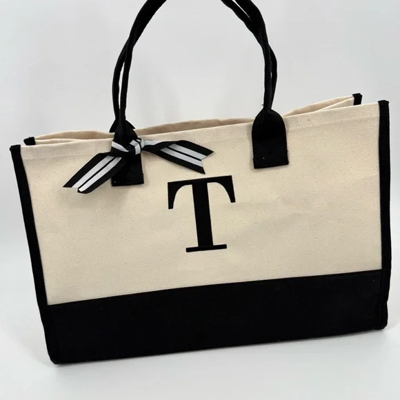 Embroidered Monogrammed “T” Black and Cream Tote Bag Reusable Grocery Beach Gift - Picture 2 of 7